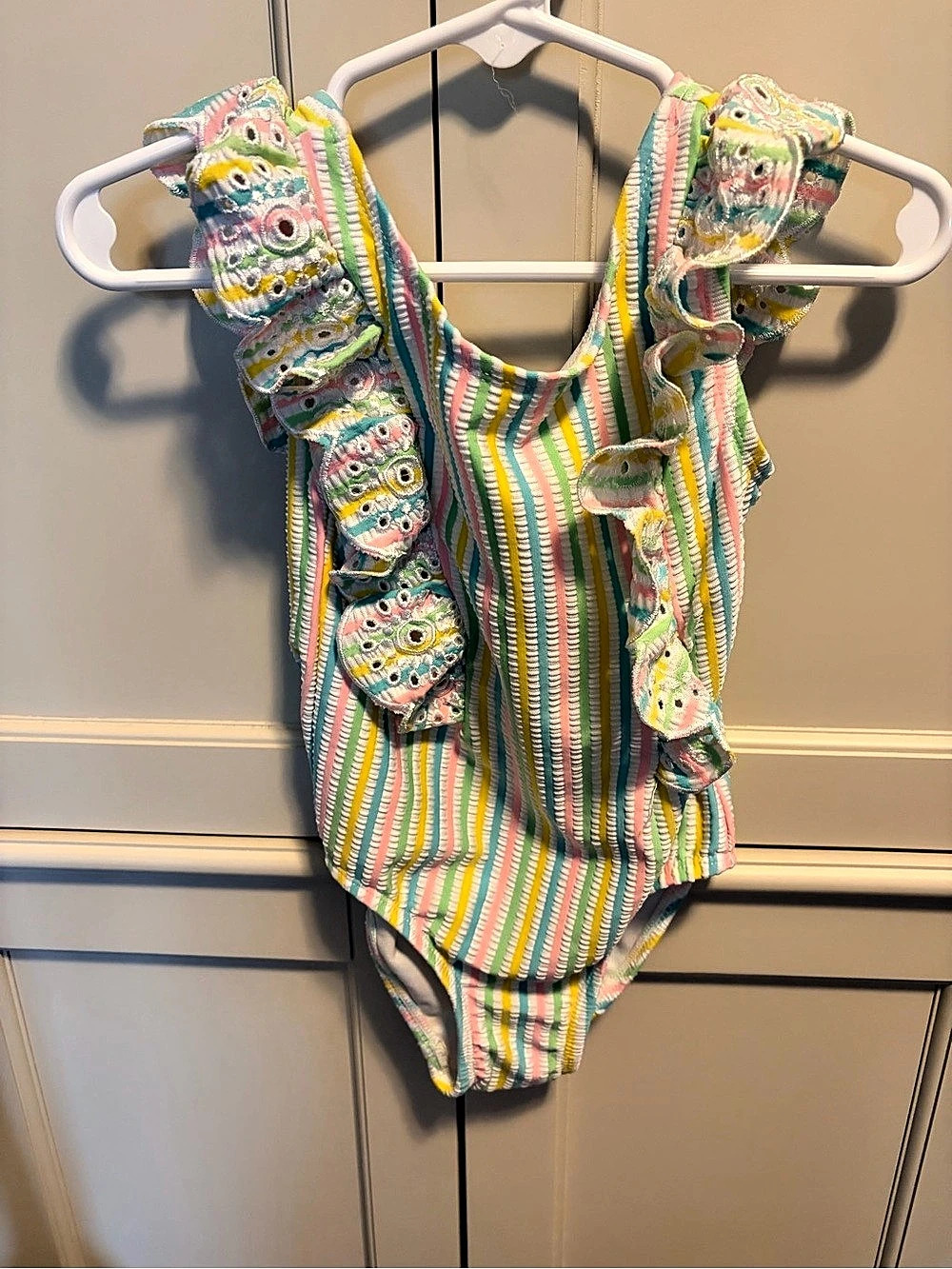 Little Me Striped One-Piece Swimsuit in Green & Pink Size 24M Like New